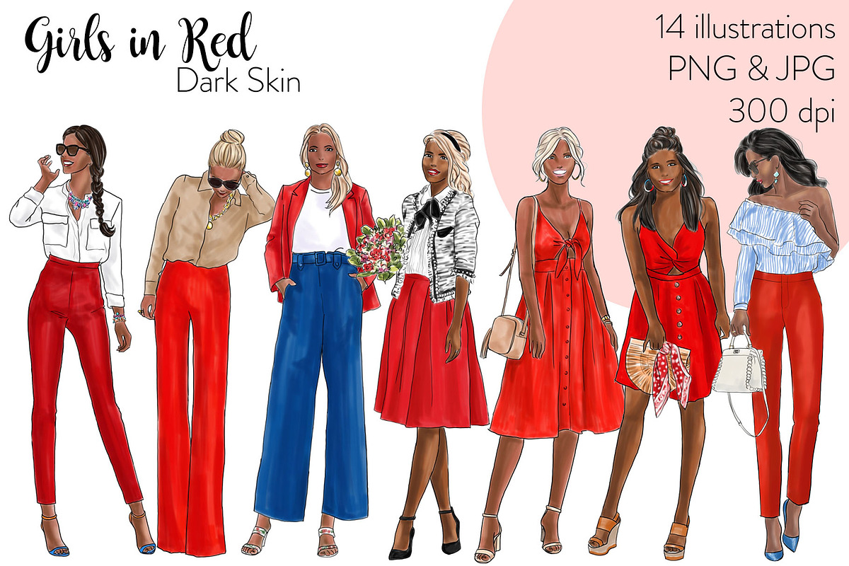 Girls in red - Dark Skin Clipart in Illustrations - product preview 8