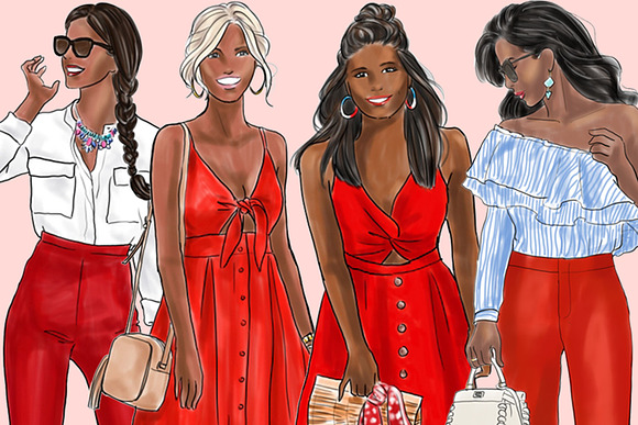 Girls in red - Dark Skin Clipart in Illustrations - product preview 2