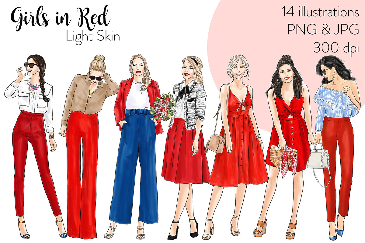 Girls in red - Light Skin Clipart in Illustrations - product preview 8