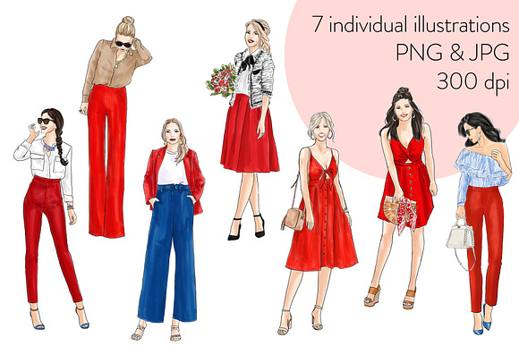 Girls in red - Light Skin Clipart in Illustrations - product preview 1
