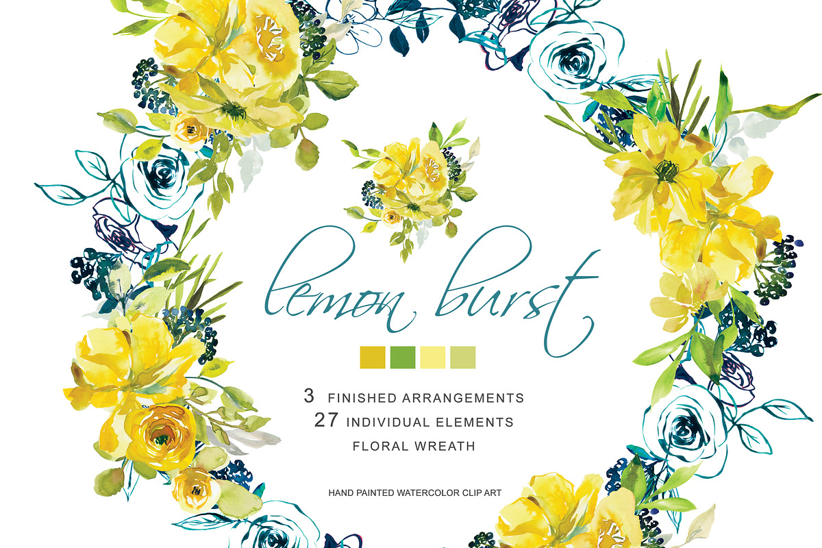 Watercolor Lemon Flowers Clipart in Graphics - product preview 8