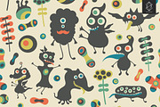 Happy monsters seamless pattern set
