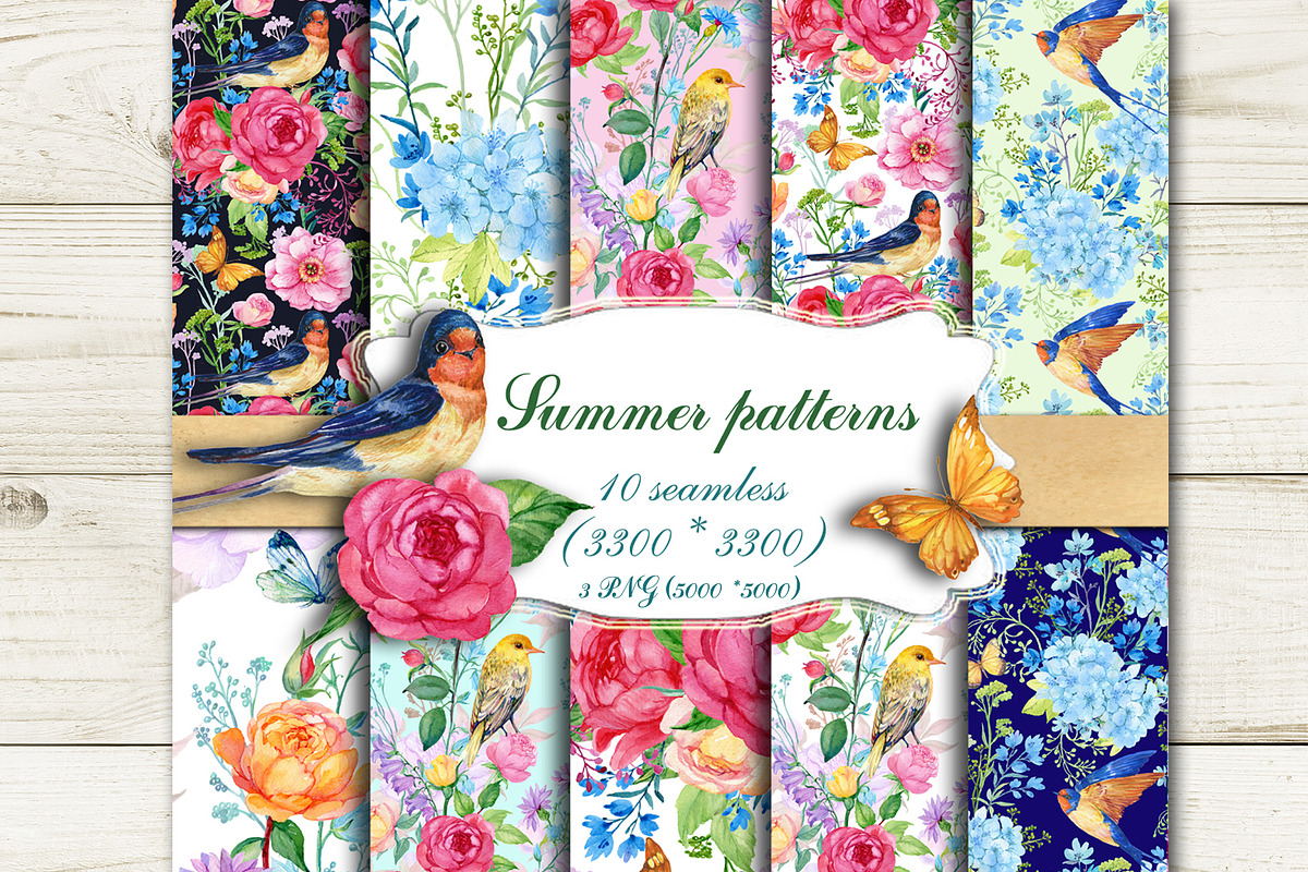 Summer Seamless Patterns Watercolor. in Patterns - product preview 8