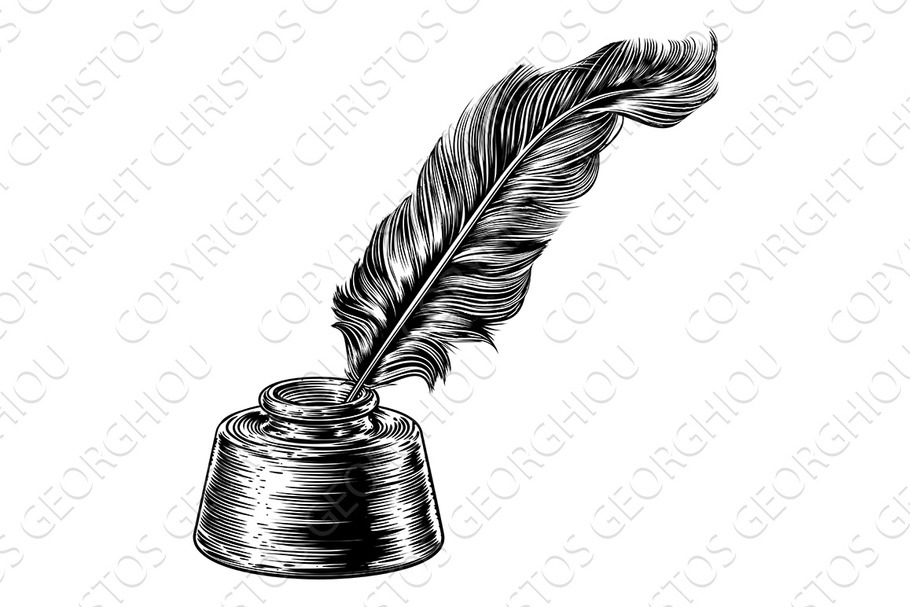 Feather Quill Ink Pen in Inkwell