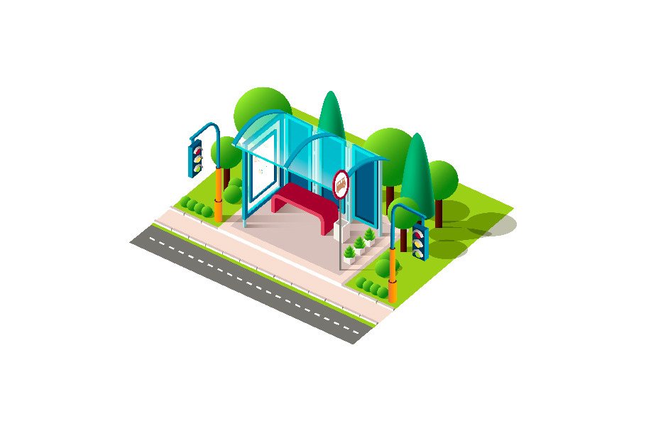 Isometric blue bus station near road in Objects - product preview 8