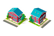 Isometric facade set red houses