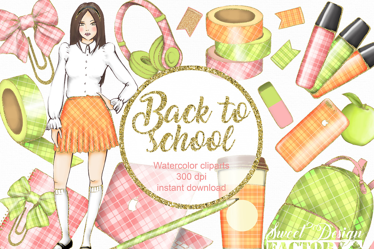 Back to school girl cliparts in Illustrations - product preview 8