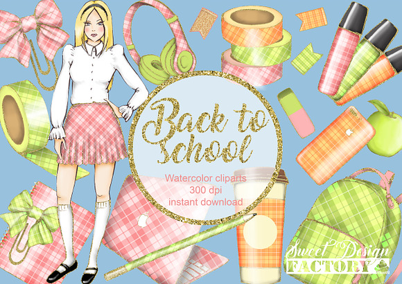 Back to school girl cliparts in Illustrations - product preview 1