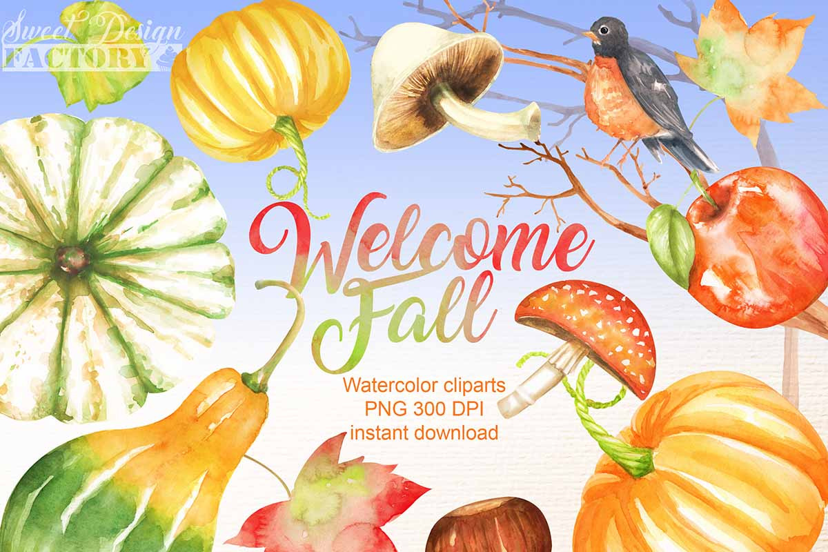 Watercolor fall and harvest cliparts in Illustrations - product preview 8