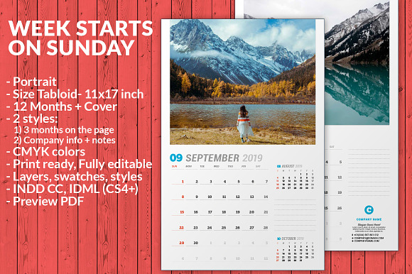 Wall Calendar 2019 (WC031-19) in Stationery Templates - product preview 2
