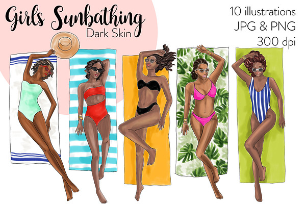 Girls Sunbathing - Dark Skin Clipart