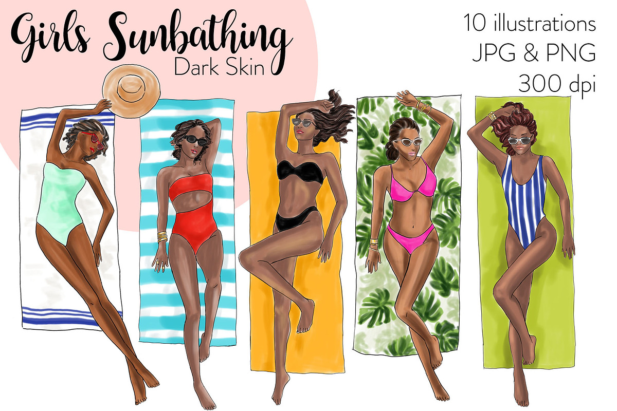Girls Sunbathing - Dark Skin Clipart in Illustrations - product preview 8