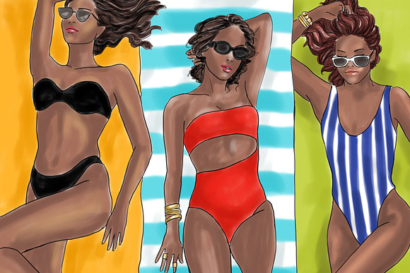 Girls Sunbathing - Dark Skin Clipart in Illustrations - product preview 2