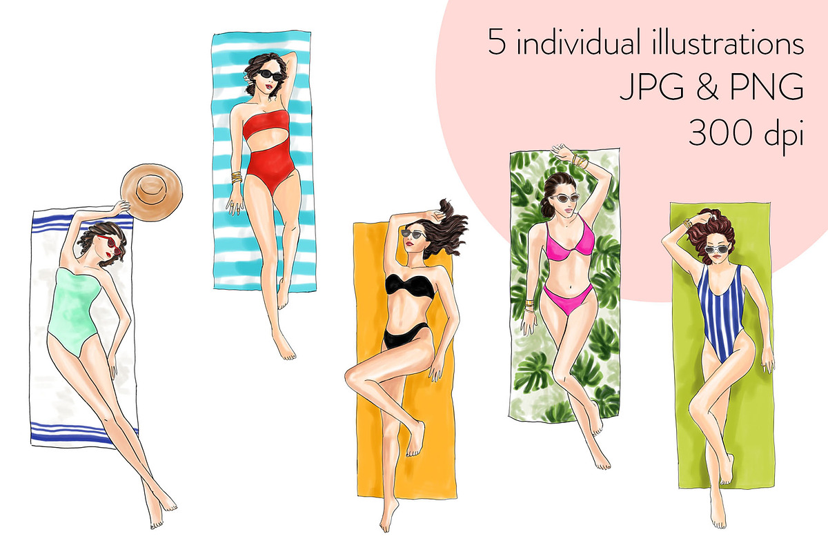 Girls Sunbathing- Light Skin Clipart in Illustrations - product preview 8