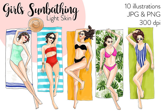 Girls Sunbathing- Light Skin Clipart in Illustrations - product preview 3