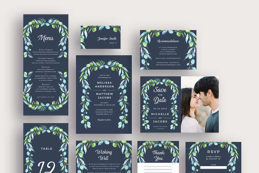 Greenery Foliage Frame on Blue in Wedding Templates - product preview 8