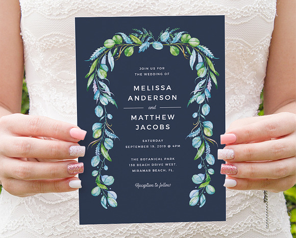 Greenery Foliage Frame on Blue in Wedding Templates - product preview 3