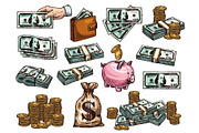 Sketch icons of money and coins