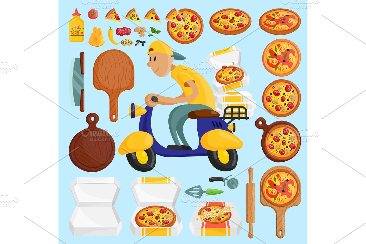 Pizza delivery boy Italian pizzeria in Illustrations - product preview 8