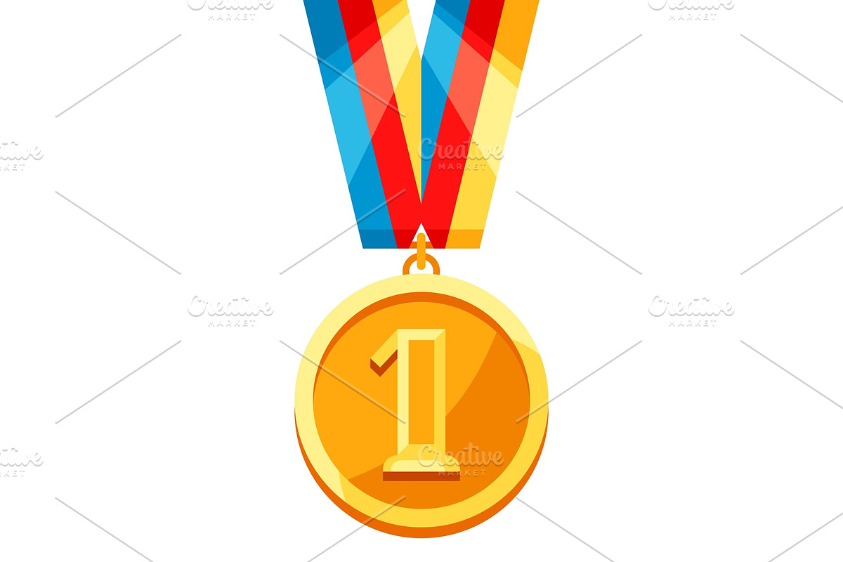 Gold medal with multi colored ribbon in Illustrations - product preview 8
