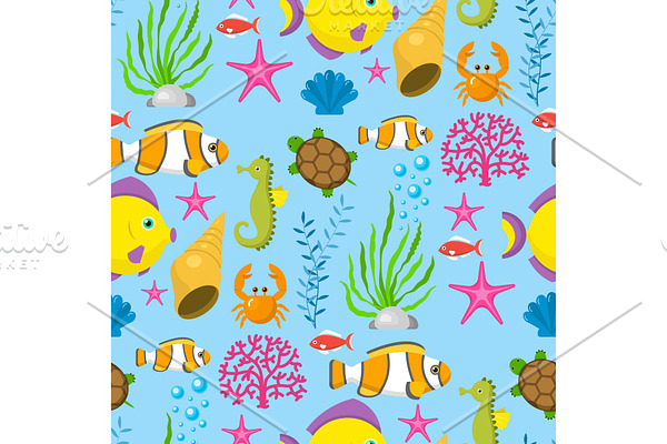 Aquatic funny sea animals underwater
