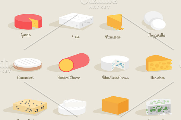Cheese variety icon flat set