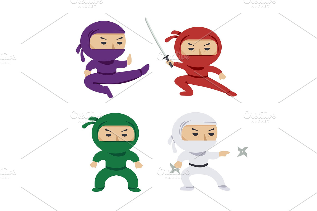 set of the cartoon colored ninjas in Illustrations - product preview 8