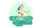 Cute Girl on bicycle. Vector, flat