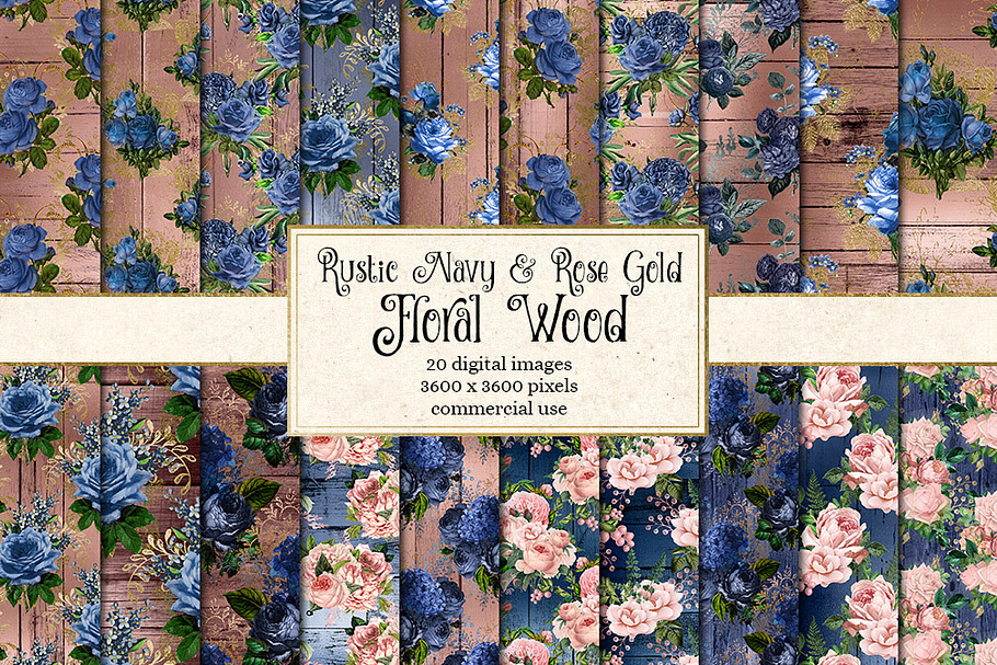 Rustic Navy & Rose Gold Floral Wood in Textures - product preview 8