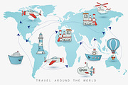 Travel icons on the world map.