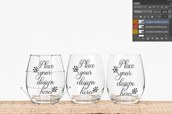 3 Stemless three wine glass mockups in Product Mockups - product preview 1