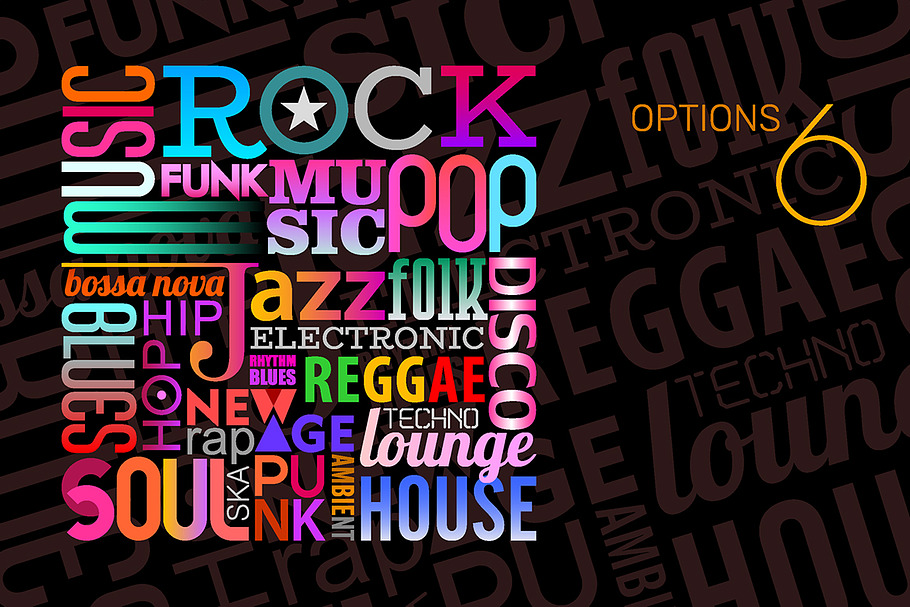6 Music Styles vector text designs