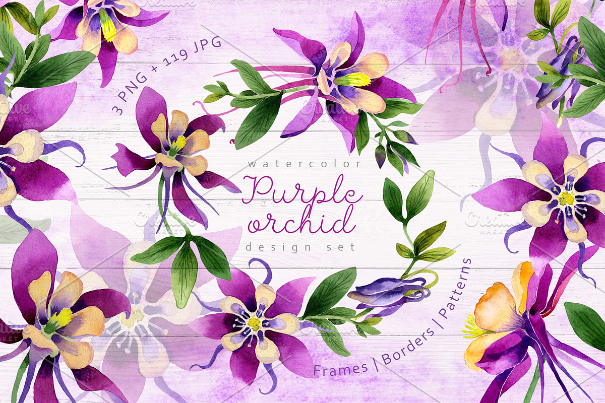 Purple orchid PNG watercolor set in Illustrations - product preview 8