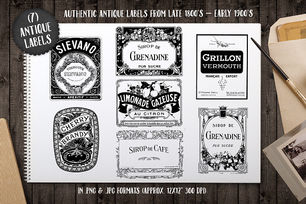 7 Antique Typography Word Labels