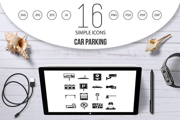 Car parking icons set, simple style
