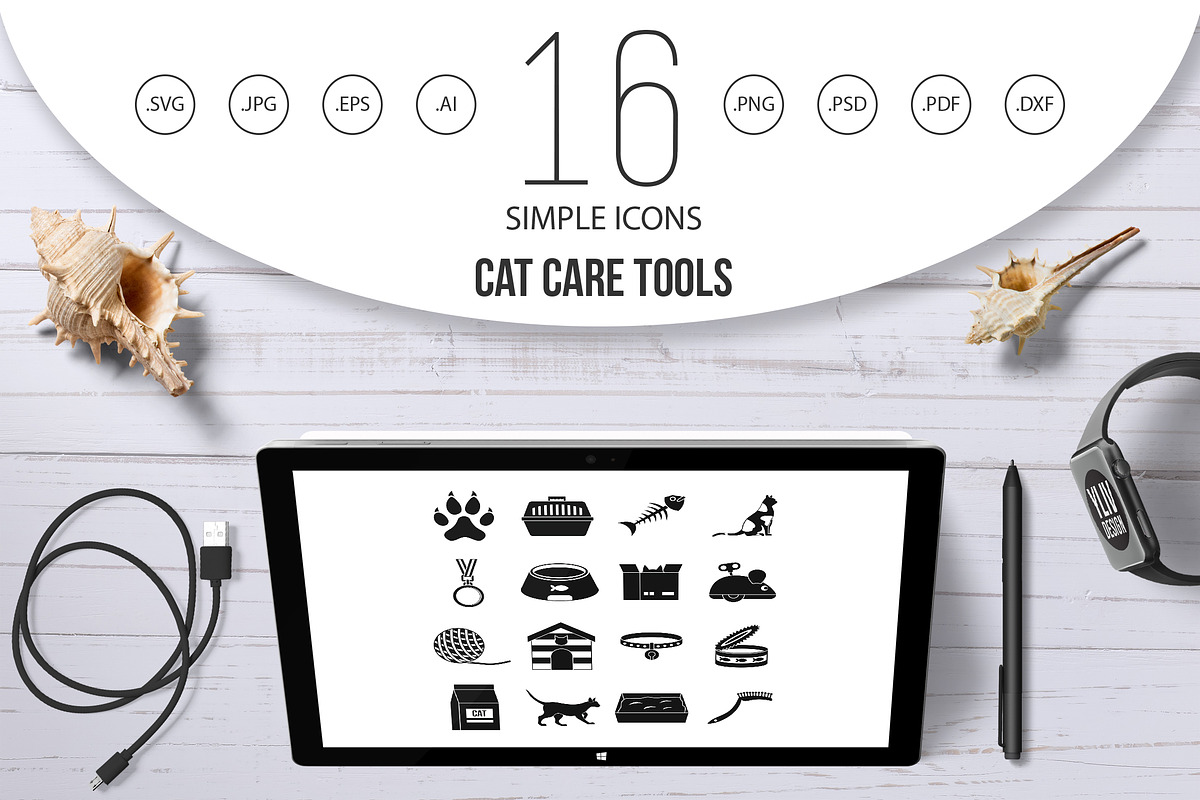 Cat care tools icons set, simple  in Graphics - product preview 8