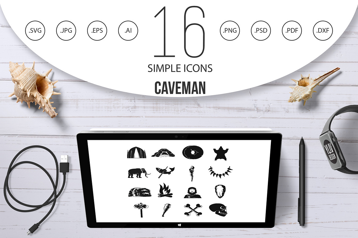 Caveman icons set, simple style in Graphics - product preview 8