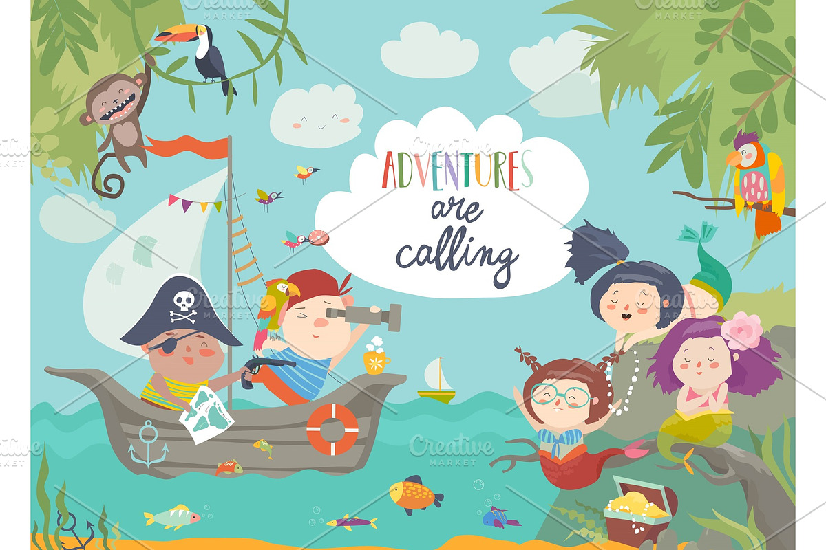 Cute pirates and beautiful mermaids in Illustrations - product preview 8