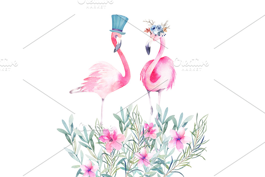 Watercolor Pink Flamingos in Illustrations - product preview 8