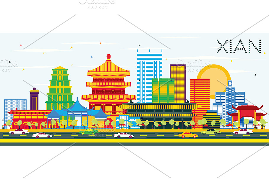 Xian China Skyline with Color  in Illustrations - product preview 8