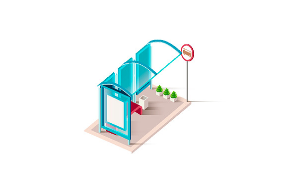 Isometric set blue bus station in Objects - product preview 2