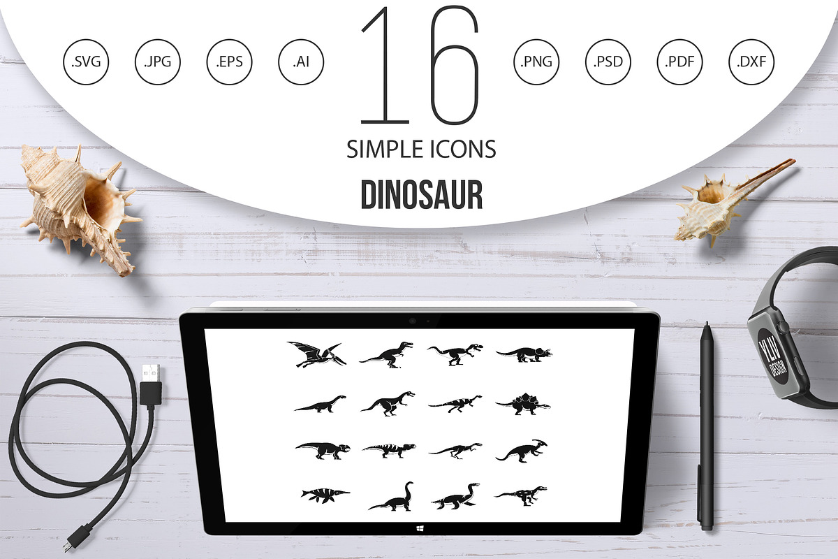 Dinosaur icons set, simple style in Graphics - product preview 8