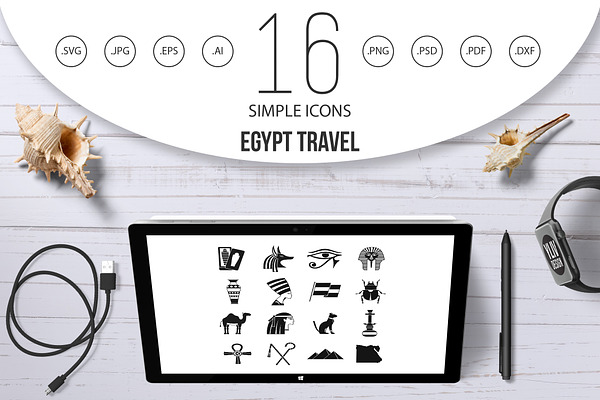 Egypt travel items icons set, simple