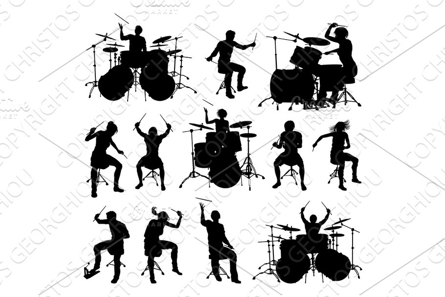 Silhouettes Drummers in Illustrations - product preview 8