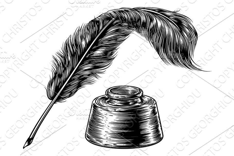 Feather Quill Pen and Inkwell