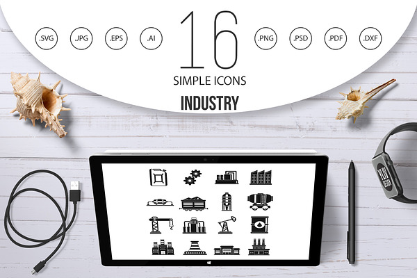 Industry icons set, simple style