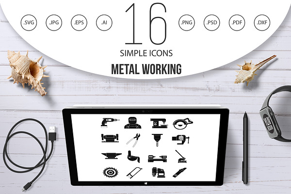 Metal working icons set, simple  