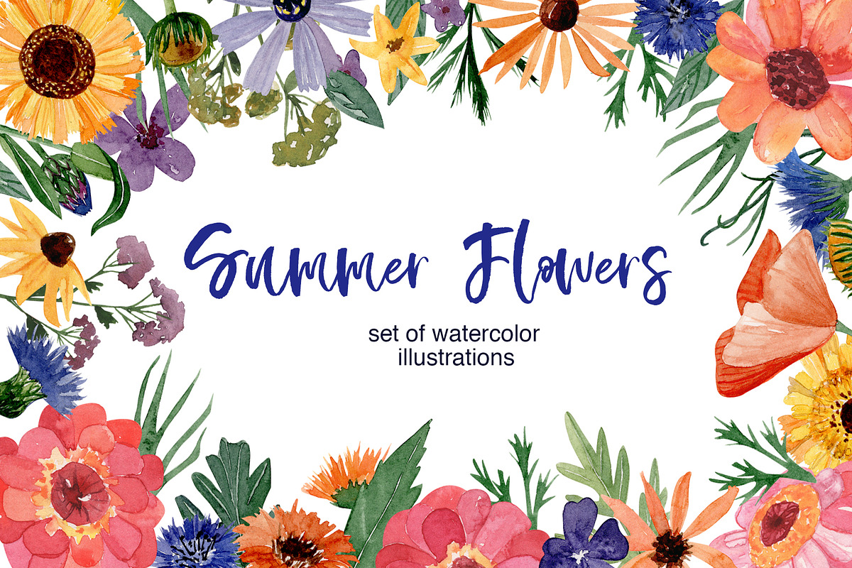 Summer Flowers watercolor set in Illustrations - product preview 8
