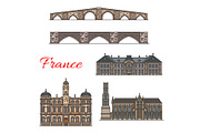 French travel landmarks line icons