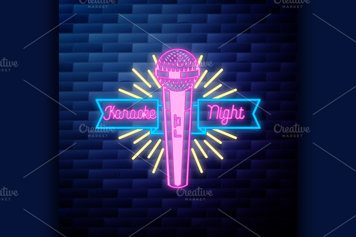 Vintage karaoke emblem glowing neon in Illustrations - product preview 8